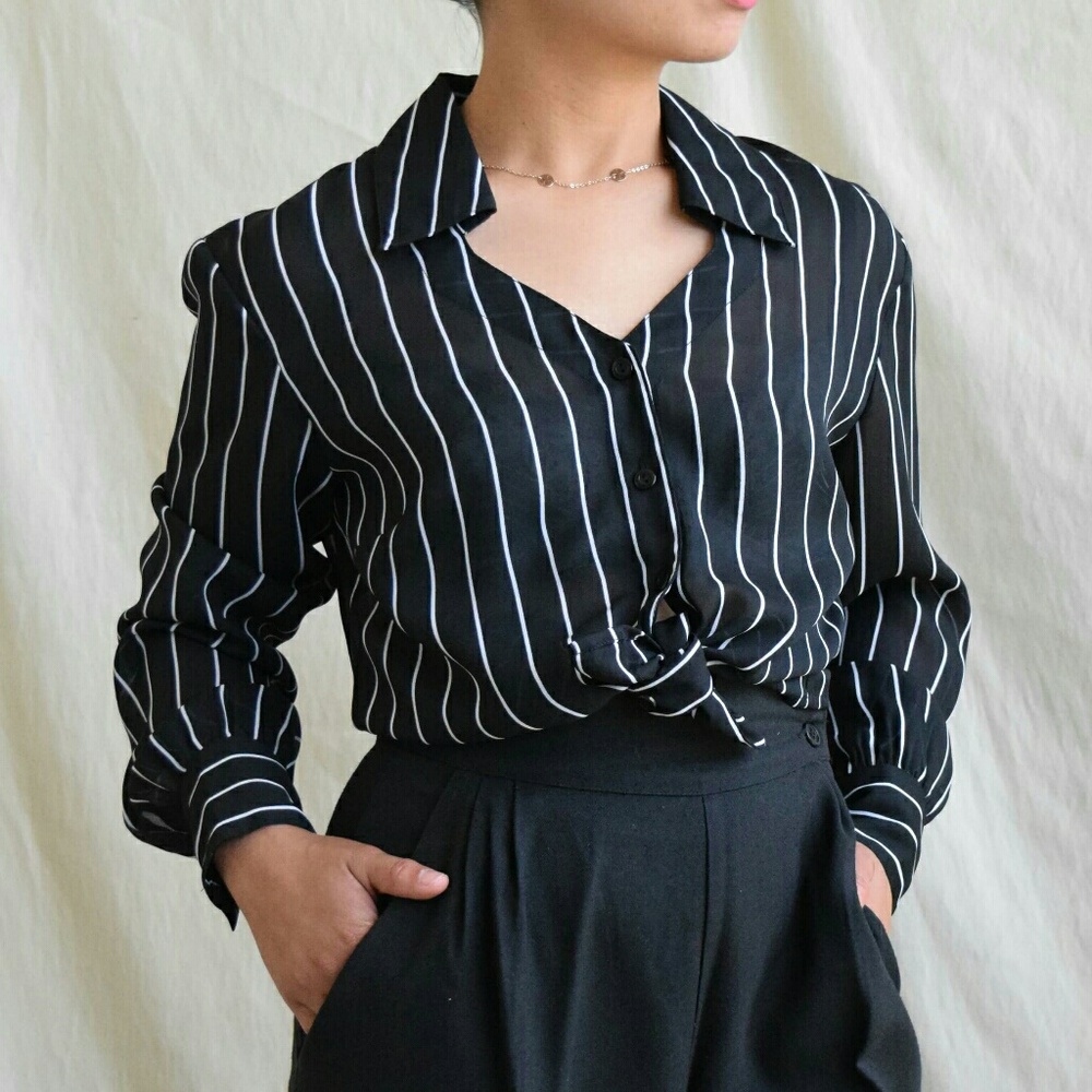 Classic black white sheer dress shirt Small - Picture 6 of 9